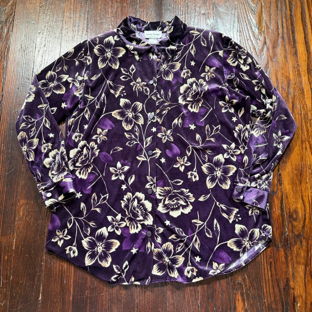 Vintage Graver Studio Blouse Womens L Purple Floral Velvet Long Sleeve Button Up
